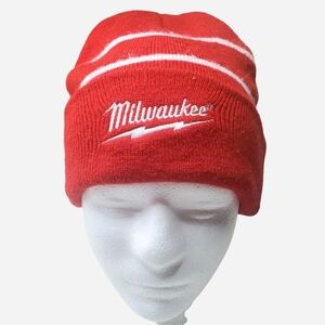 Milwaukee Tools Beanie Mens Red One Size White Striped Embroidered Logo Acrylic
